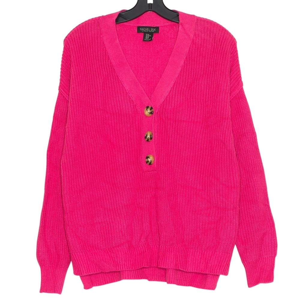 Rachel Zoe Fuchsia V-Neck Sweater with Button Accents Size SM